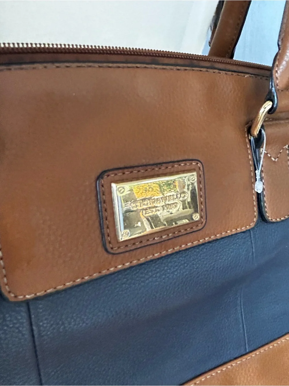 Tignanello Navy & Cognac Satchel Crossbody Bag Colorblock Faux Pebbled Leather